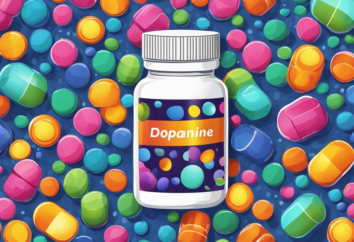 A bottle of dietary supplements surrounded by colorful dopamine molecules, with a bright and energetic background