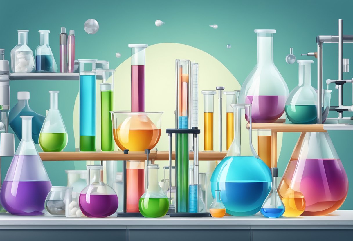 A laboratory setting with various supplements in test tubes and beakers, surrounded by scientific equipment and tools