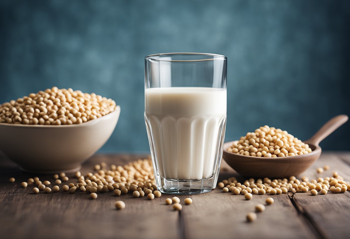 A glass of milk and a bowl of soy protein on a table