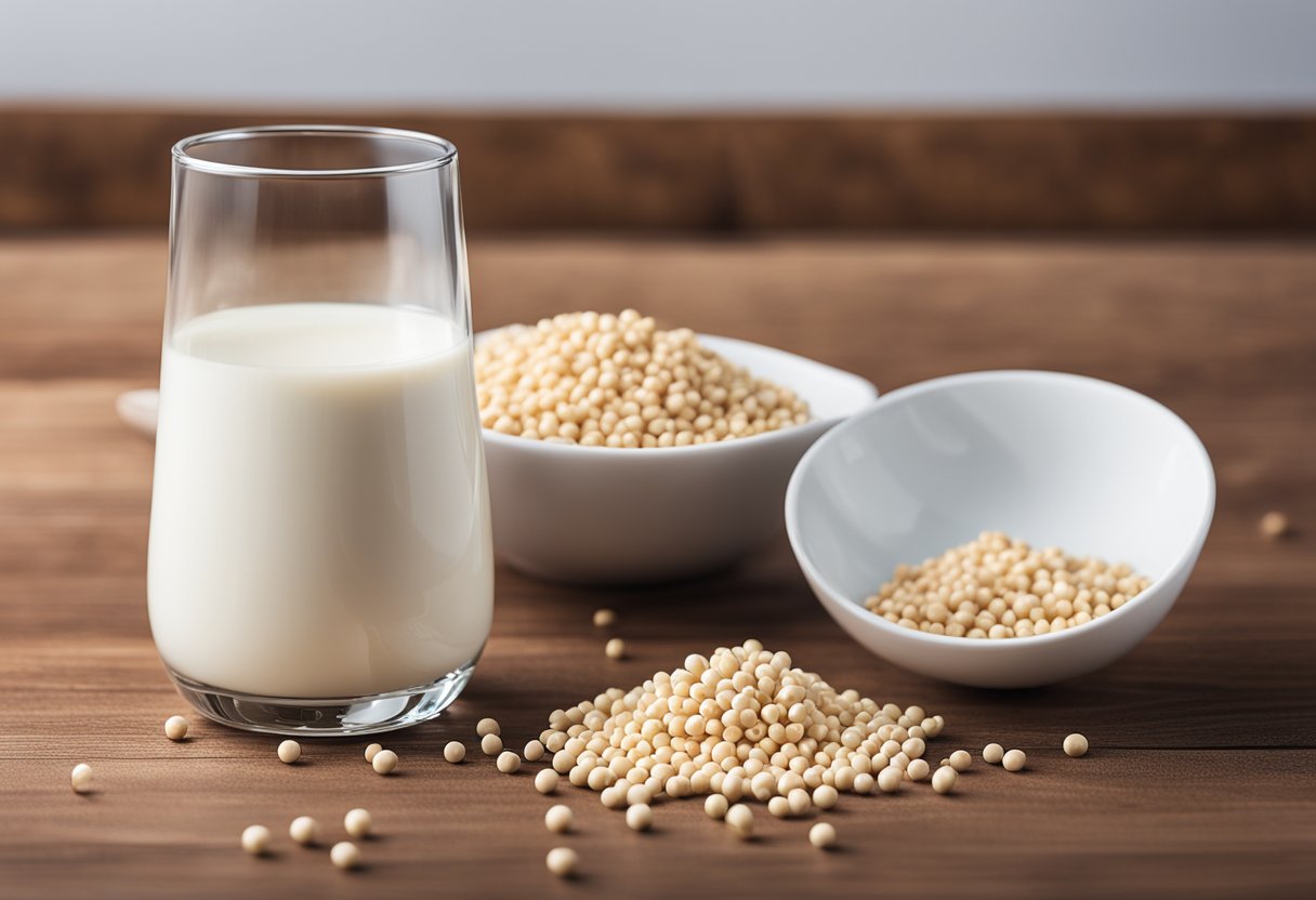 A glass of milk and a bowl of soy protein on a table, with a testosterone and DHT molecule model next to them