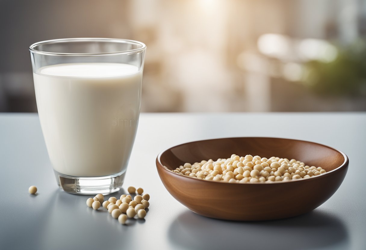 A glass of milk and a bowl of soy protein on a table, with a testosterone molecule and DHT molecule hovering above them