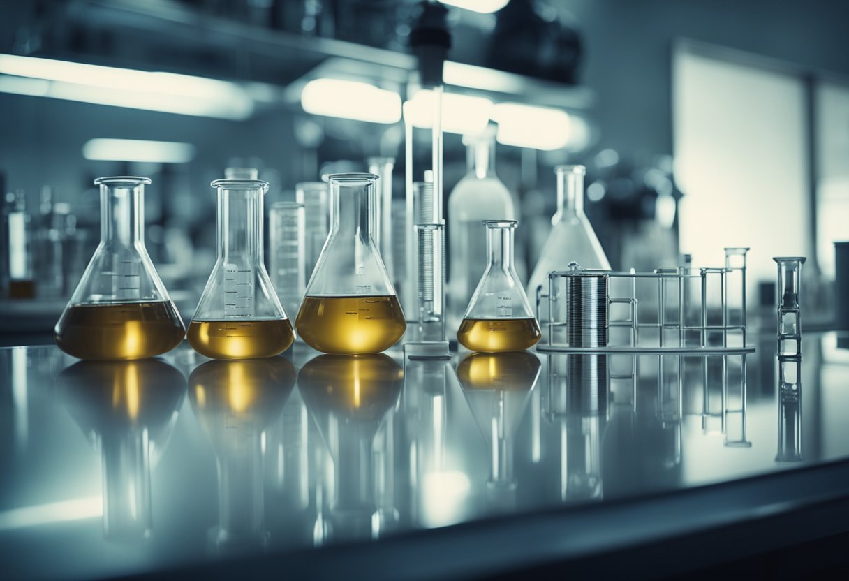 A laboratory setting with beakers, test tubes, and scientific equipment. A researcher is conducting experiments on soy protein and milk's effects on testosterone and DHT levels