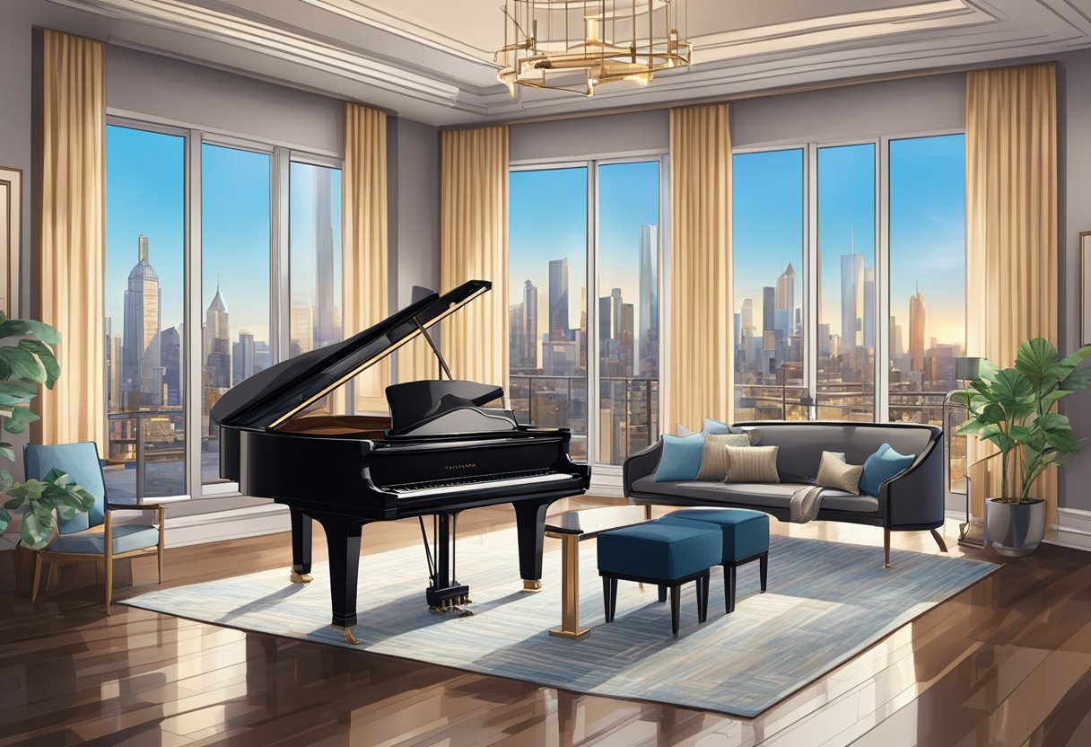 A luxurious living room with modern decor, a grand piano, and floor-to-ceiling windows offering a view of a bustling city skyline