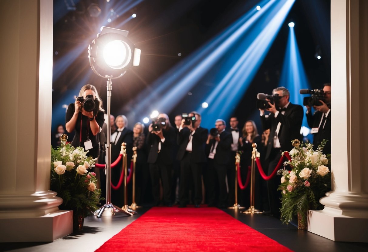 A spotlight illuminates a luxurious red carpet with cameras flashing in the background. Surrounding the area are elegant, ornate decorations and a sense of excitement in the air