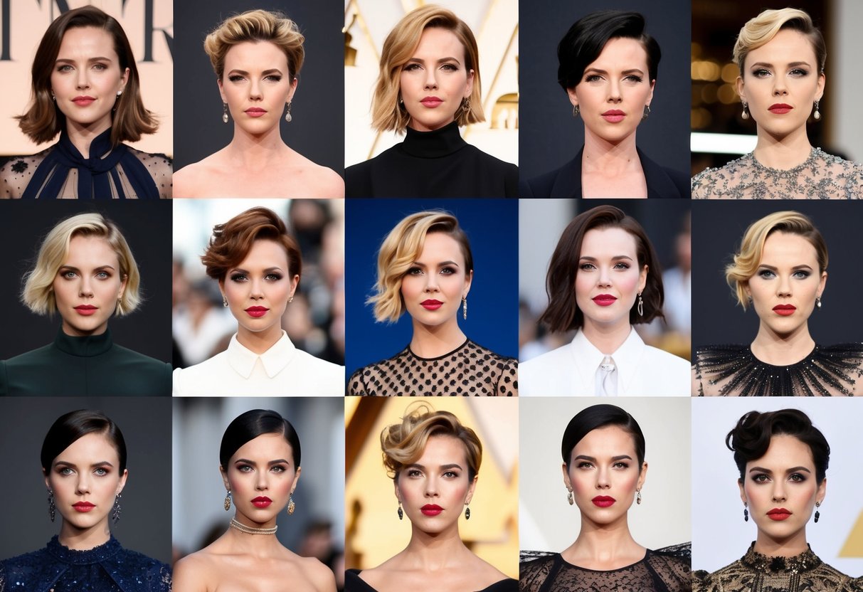 A collection of iconic fashion and beauty looks associated with Scarlett Johansson, featuring trends and trademarks