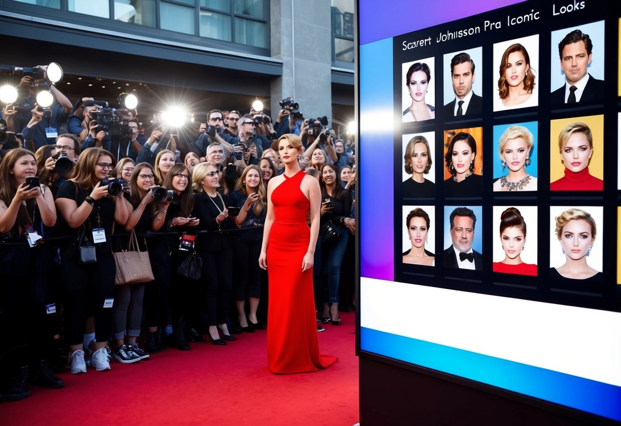 A red carpet event with flashing cameras and a crowd of fans eagerly waiting for Scarlett Johansson. A display of iconic looks on a digital screen