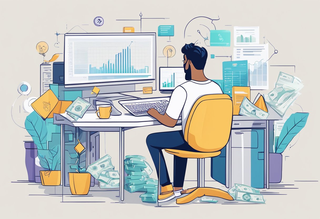 A person sitting at a computer, surrounded by charts and graphs, with money flowing into their bank account