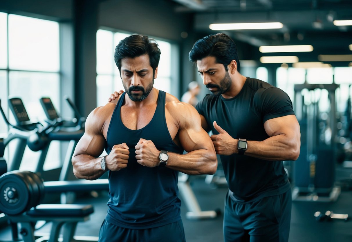 A Bollywood actor surrounded by gym equipment, sweating during an intense workout session with a personal trainer