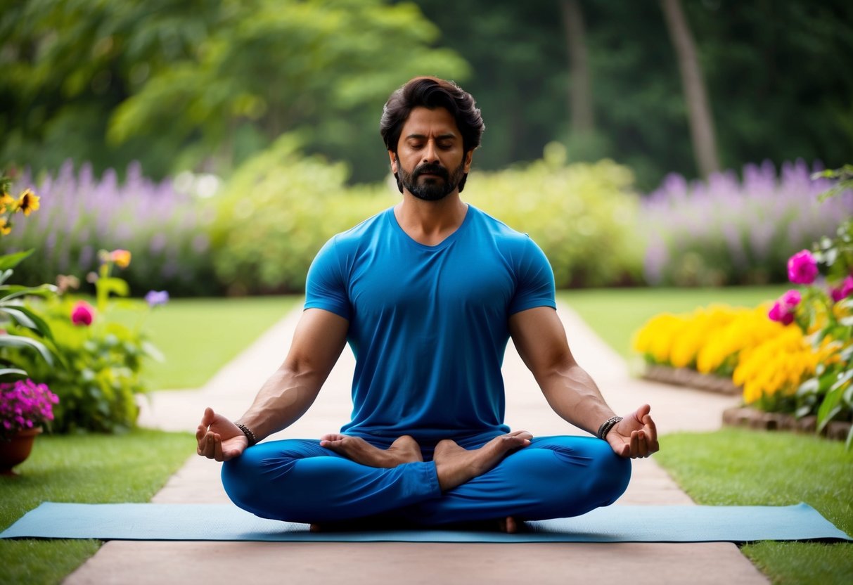 A Bollywood actor practices yoga and meditation in a serene outdoor setting, surrounded by lush greenery and colorful flowers