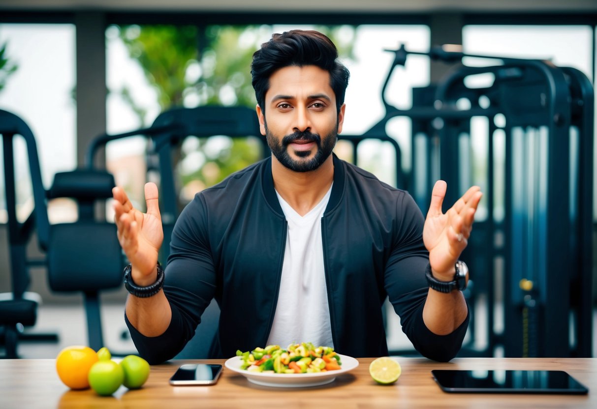 A Bollywood actor surrounded by gym equipment and healthy food, answering questions about their fitness routine