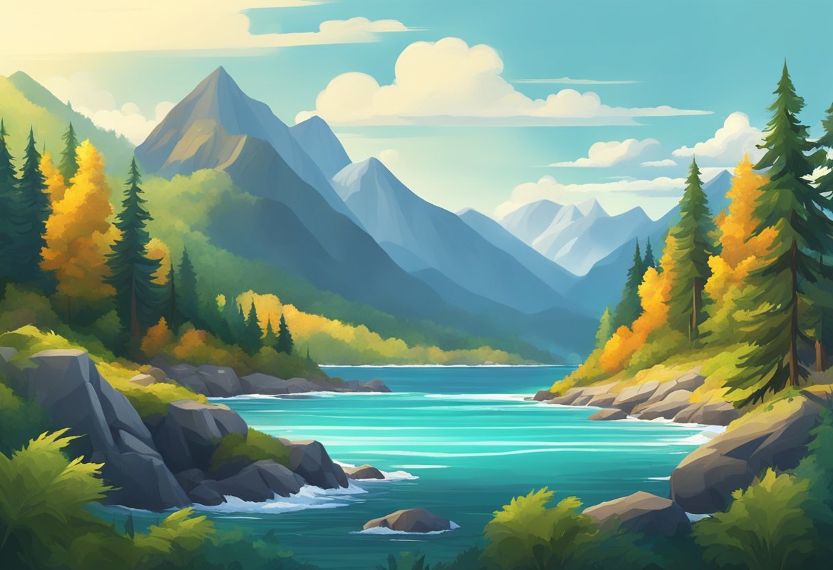 A rugged coastline with crashing waves, a dense forest with vibrant foliage, and a serene lake surrounded by mountains