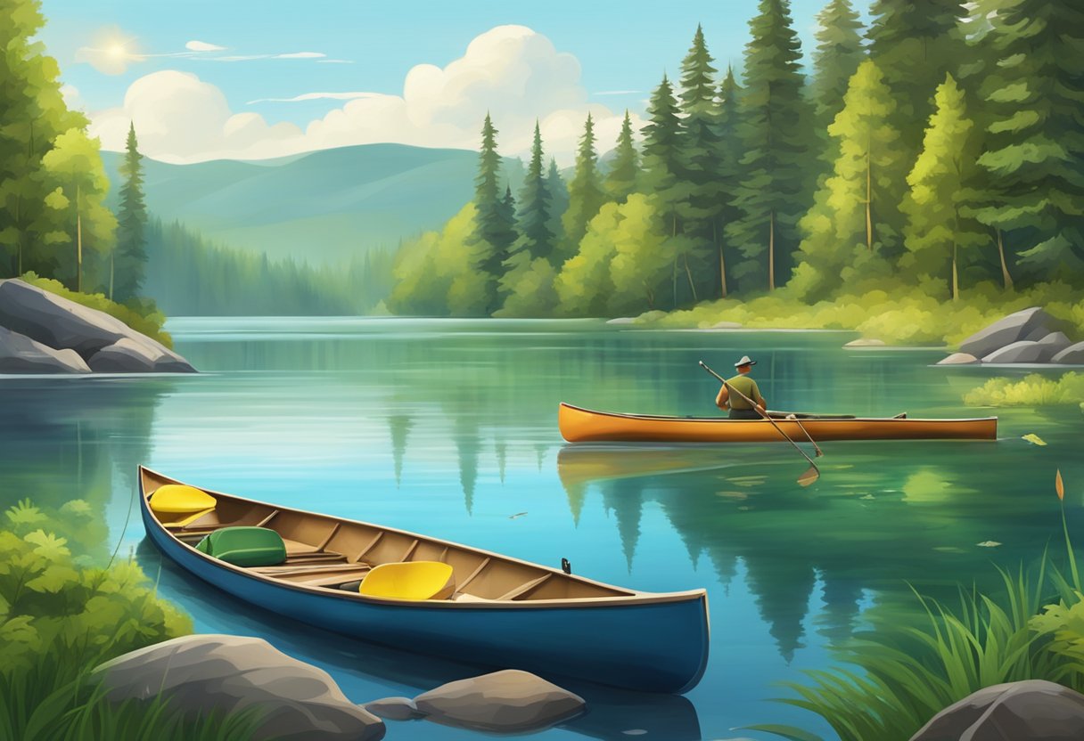 A serene lake surrounded by lush green forests and colorful foliage, with a canoe and fishing gear on the shore