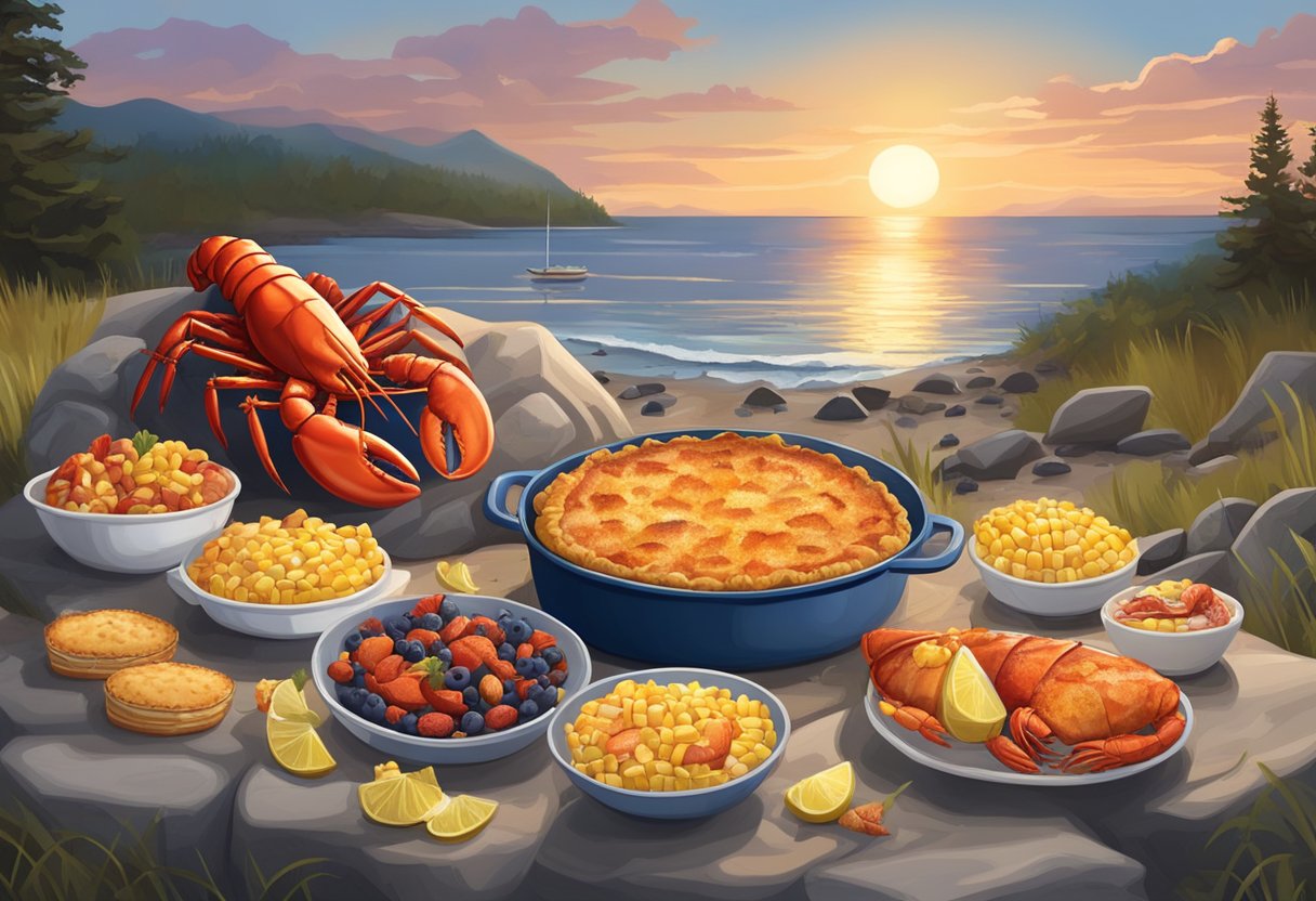 A lobster bake on a rocky beach at sunset, with a crackling bonfire and a table set with fresh seafood, corn on the cob, and blueberry pie
