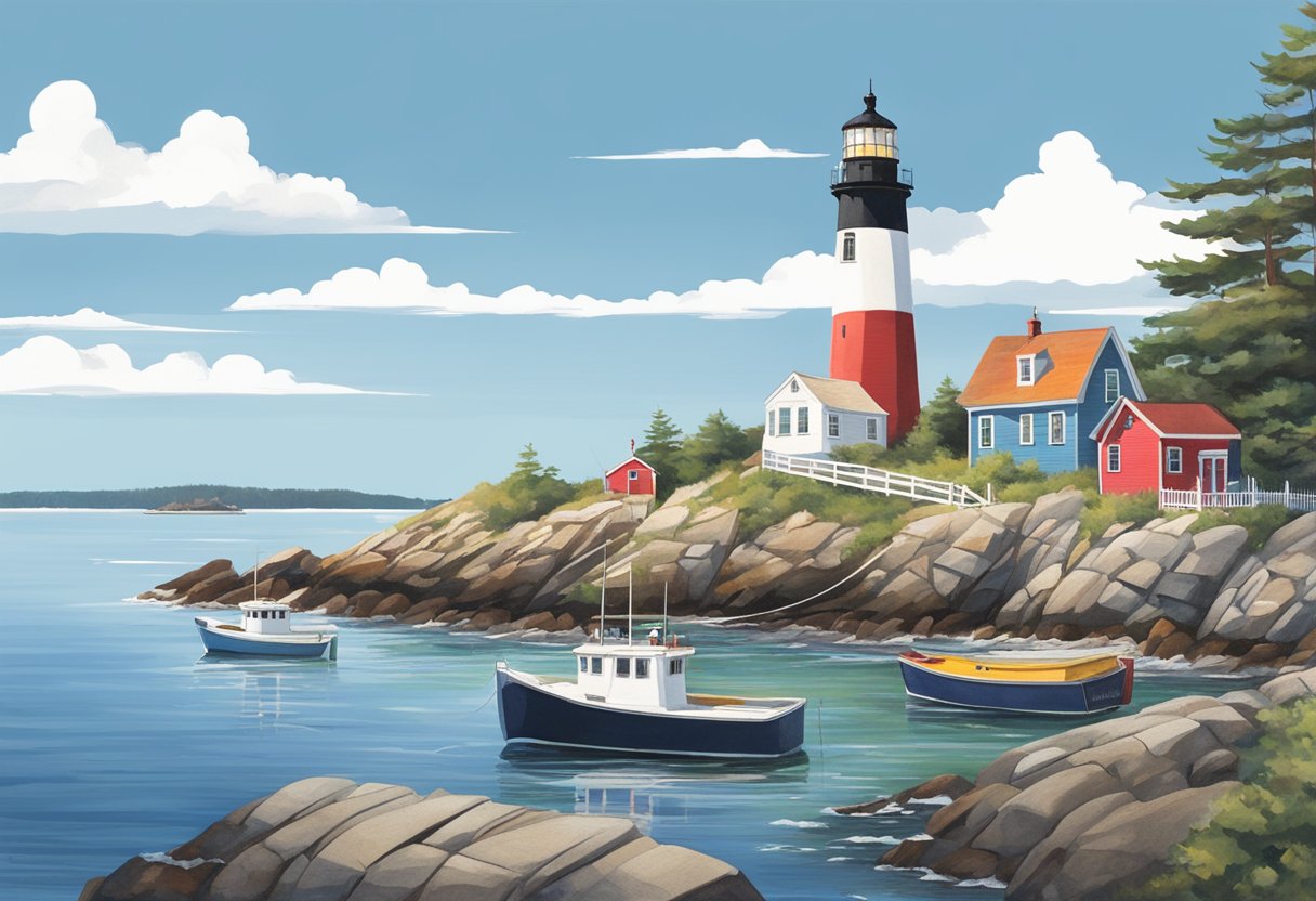 A lighthouse stands tall on a rocky coastline, surrounded by colorful lobster boats and quaint seaside cottages, showcasing Maine's maritime heritage and coastal charm