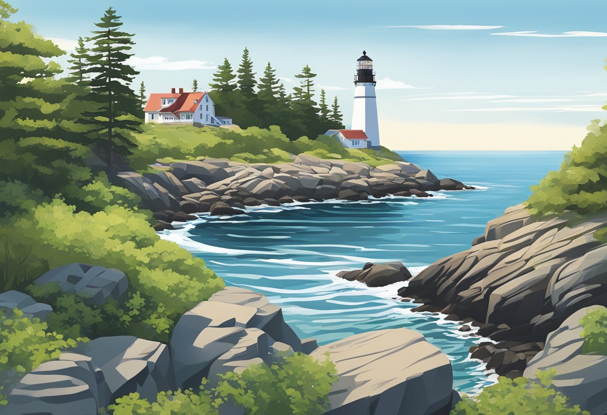 A serene coastal landscape in Maine with a lighthouse, rocky cliffs, and a calm ocean, surrounded by lush greenery and a clear blue sky