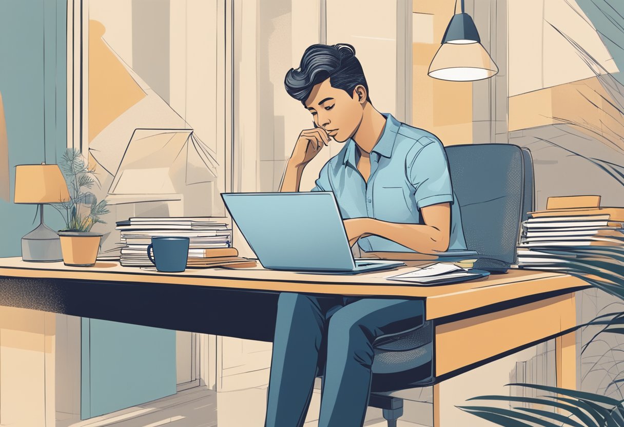 A person sitting at a desk with a credit card statement open, looking at the various sections and numbers with a thoughtful expression