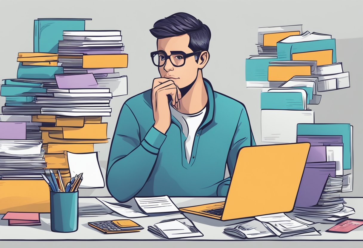 A person sitting at a desk, surrounded by bills and a laptop, with a confused expression while trying to understand a credit card statement