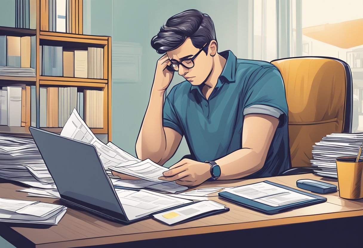 A person sitting at a desk, surrounded by papers and a laptop, carefully examining a credit card statement with a focused expression