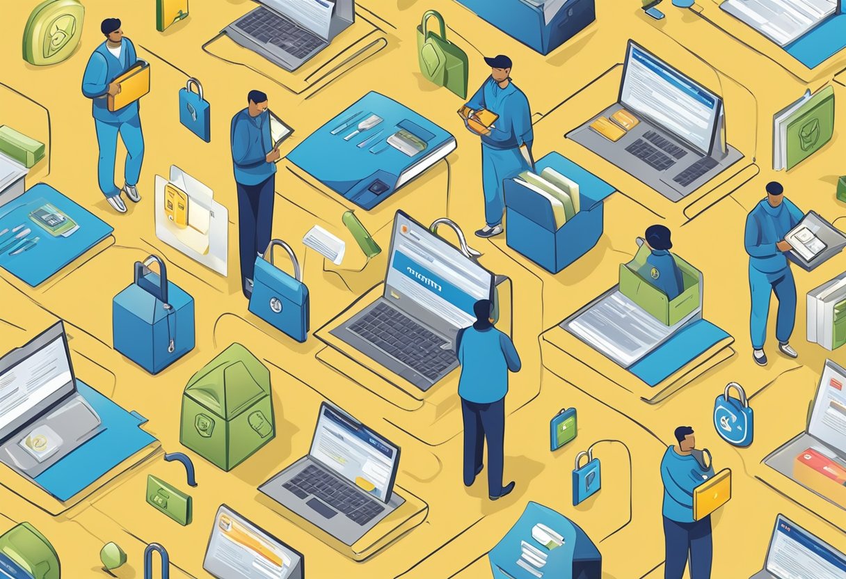A person holding a credit card statement, with a confused expression. Surrounding them are various security locks and shields, representing protection and prevention mechanisms