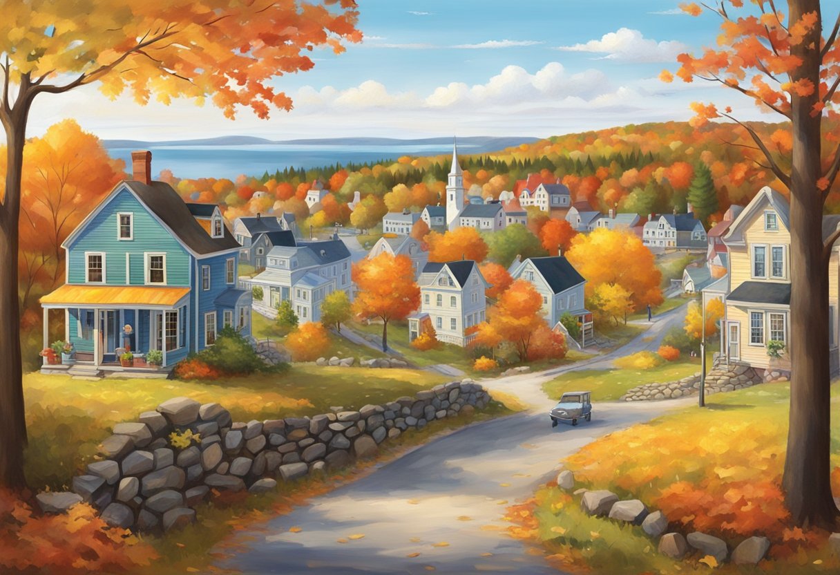 A colorful autumn scene in Maine, with vibrant foliage, quaint towns, and charming cityscapes. The air is crisp, and the atmosphere is filled with a sense of cozy relaxation