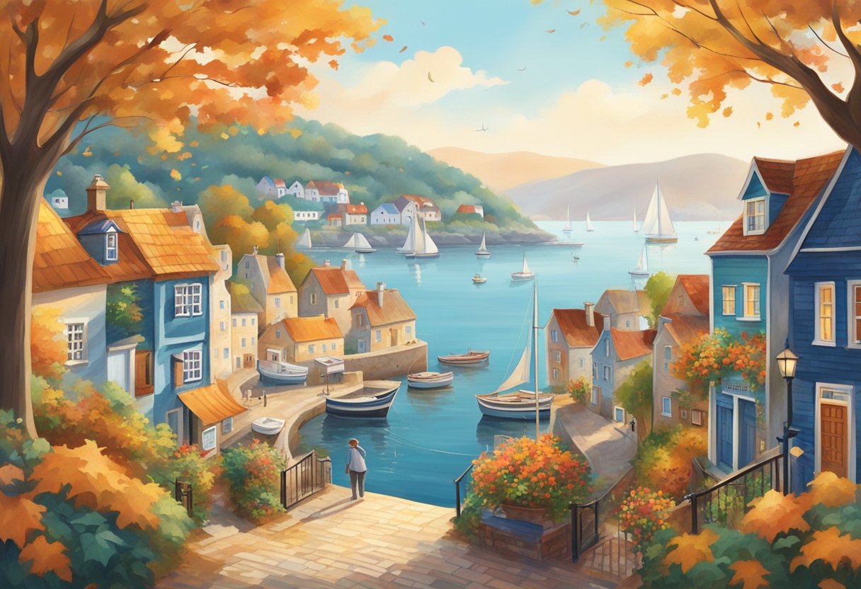 A picturesque coastal town nestled among colorful foliage, with quaint shops and charming houses lining the streets. The harbor is dotted with fishing boats and sailboats, and the air is crisp with the scent of autumn