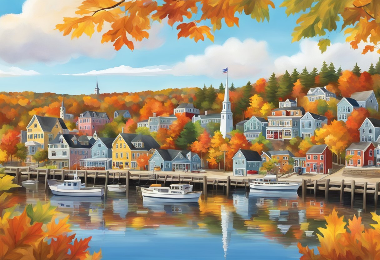 A colorful autumn scene in Camden, Maine with vibrant foliage, quaint streets, historic buildings, and a picturesque harbor