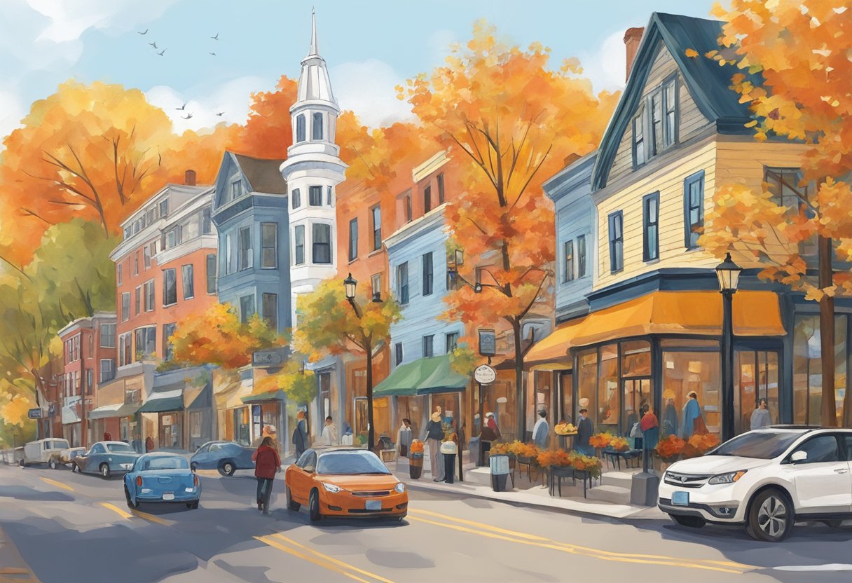 A colorful autumn scene with leaves changing on tree-lined streets in Portland, Maine. Cozy cafes and shops line the bustling city streets, while the waterfront offers scenic views of boats and lighthouses