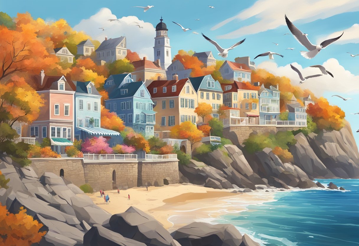 A picturesque coastal town with colorful foliage, charming shops, and historic architecture. Waves crash against the rocky shoreline as seagulls soar overhead