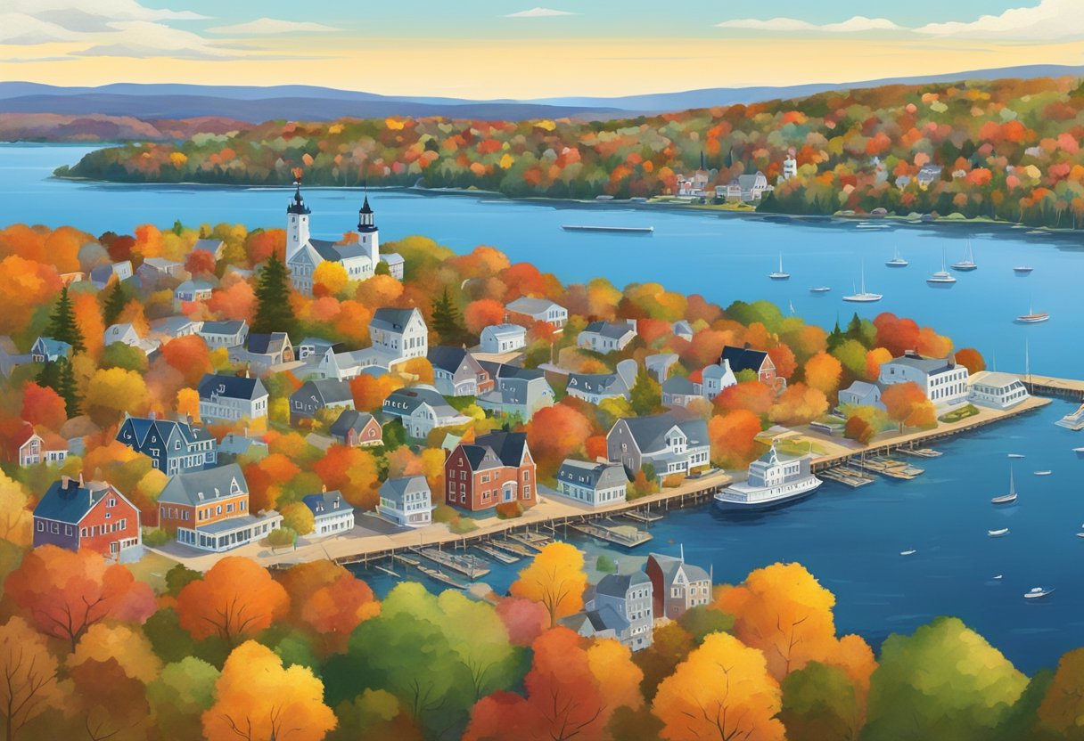 Aerial view of colorful foliage covering the charming towns and cities of Rockland, Maine during the fall season. Vibrant trees, historic buildings, and scenic coastlines create an inviting atmosphere for a getaway vacation