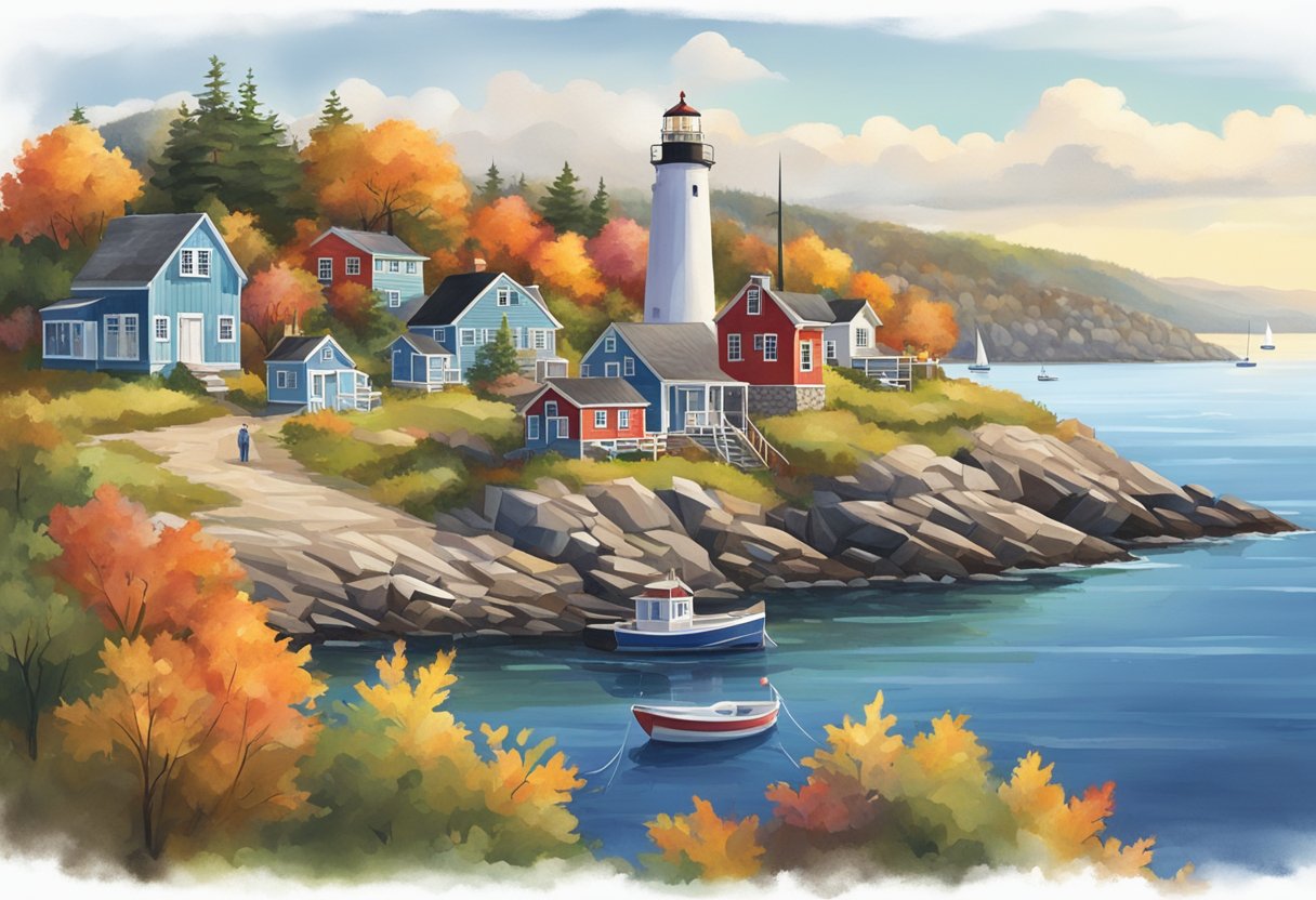 A picturesque harbor town with colorful foliage, quaint shops, and lobster shacks lining the waterfront. A lighthouse stands sentinel over the rocky coastline