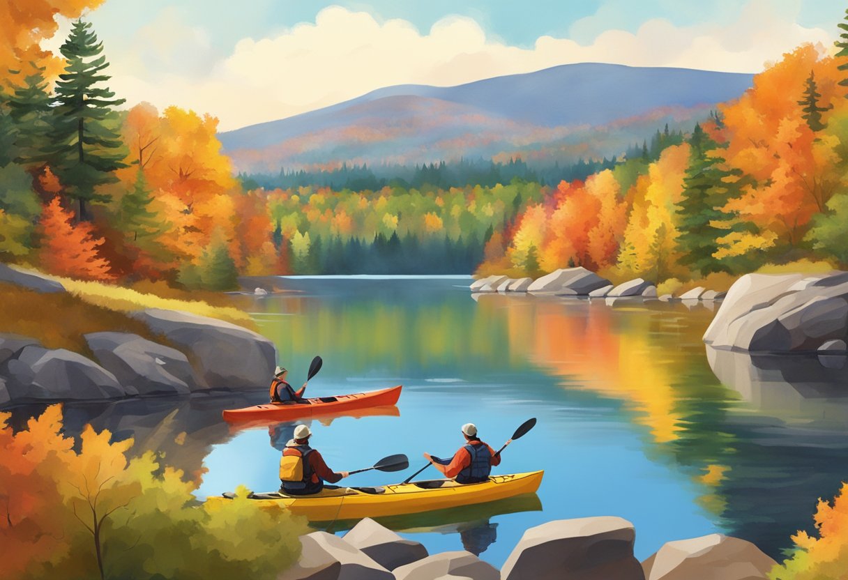 A scenic view of colorful foliage surrounding a serene lake with kayakers and hikers enjoying the fall weather in a quaint Maine town