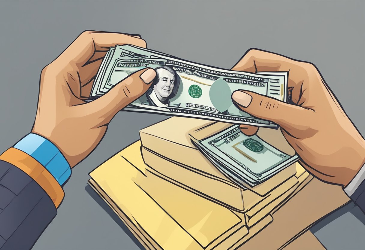 A person of Latin American descent receiving payment from a debtor in the United States, possibly through a bank transfer or check