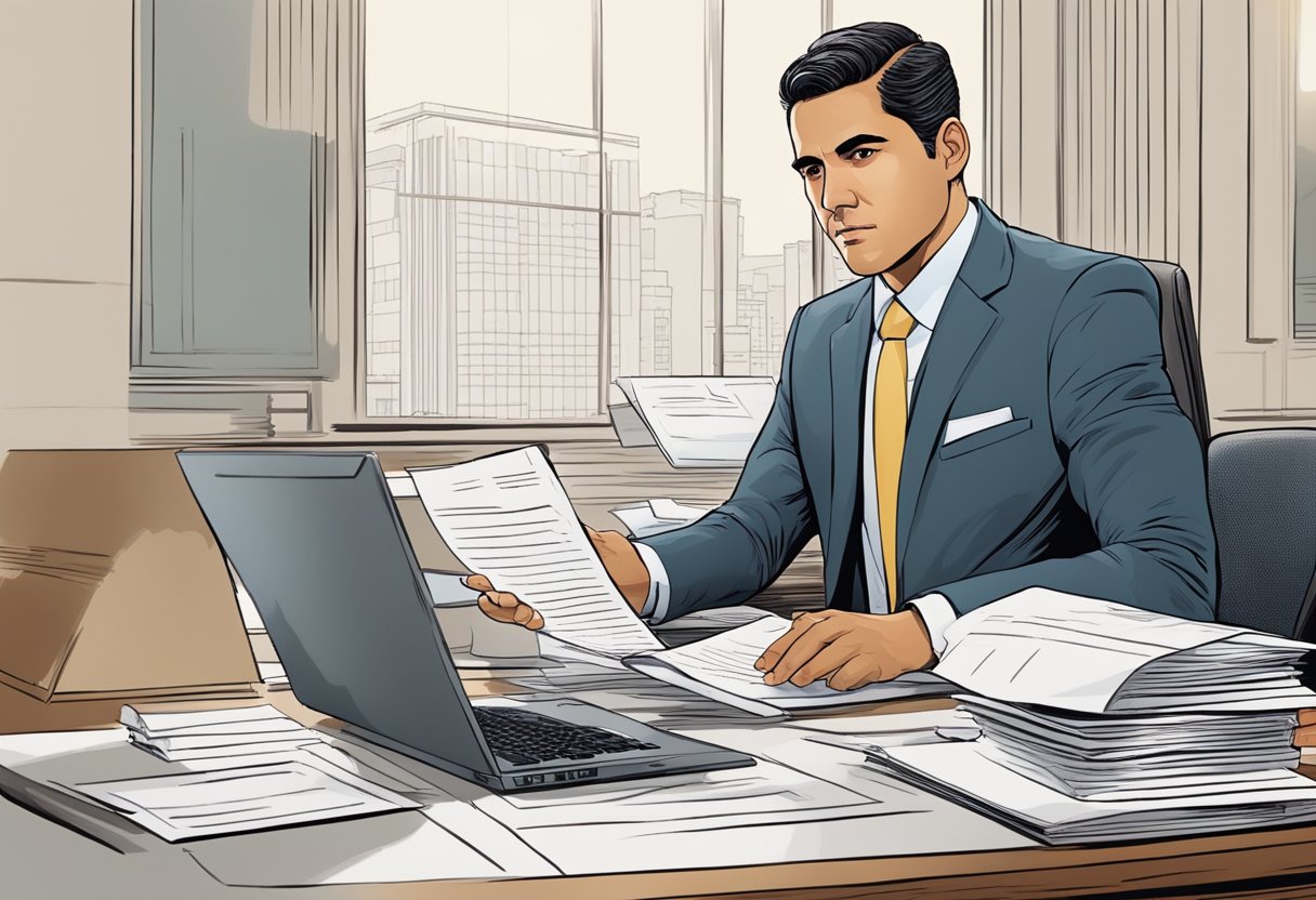 A Latino businessman in a suit confidently approaches a desk with legal documents and a computer, while a stern-looking lawyer sits across from him