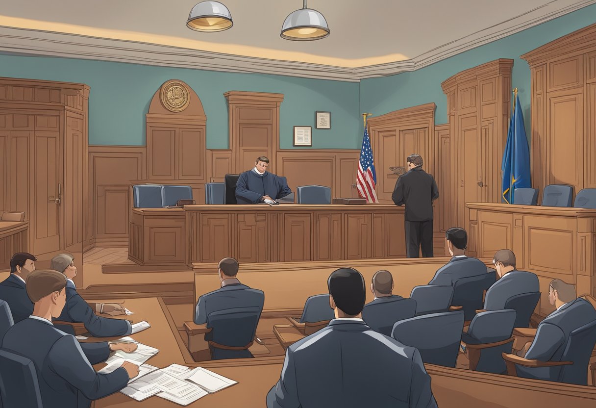 A courtroom scene with a judge presiding over a case involving a debt collection process. A Latino individual is represented by a lawyer presenting evidence and arguments