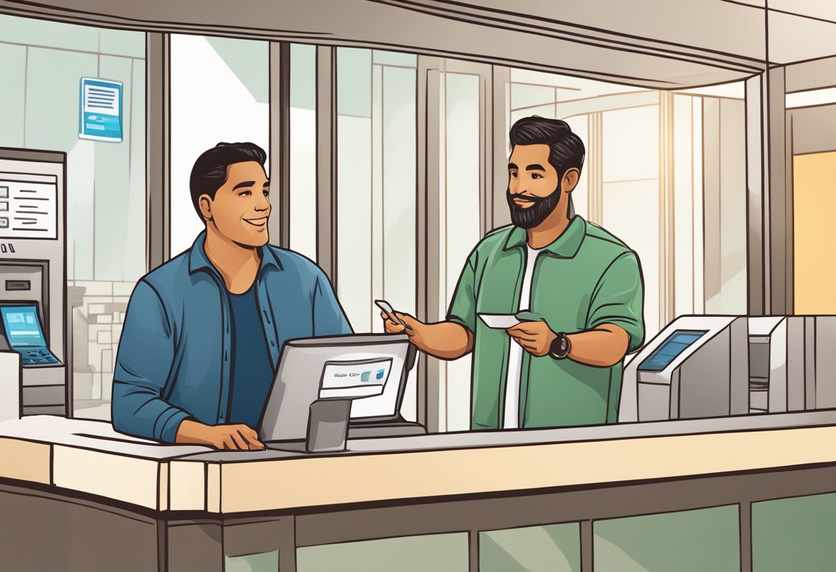 A Latino man standing in front of a bank teller window, holding a check and discussing payment options