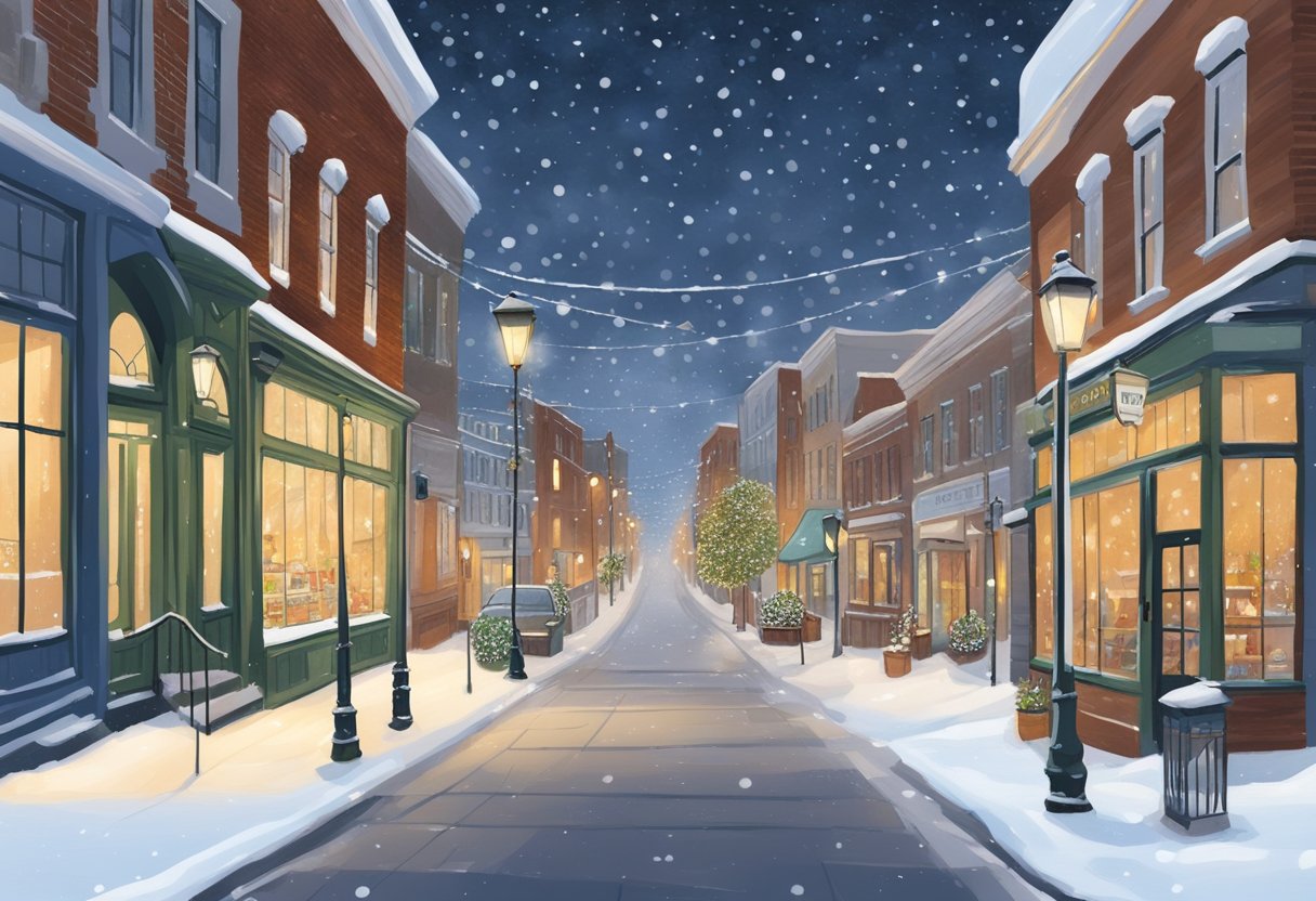 A snowy street in Portland, Maine, lined with charming shops and cozy cafes, with twinkling holiday lights and a dusting of snow on the ground