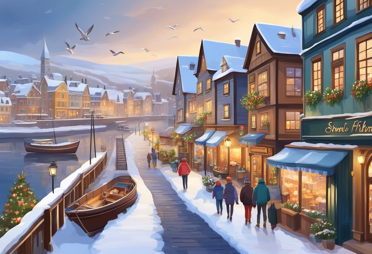 Snow-covered streets lined with charming shops and cozy cafes. A picturesque harbor with fishing boats and seagulls. Ski slopes in the distance