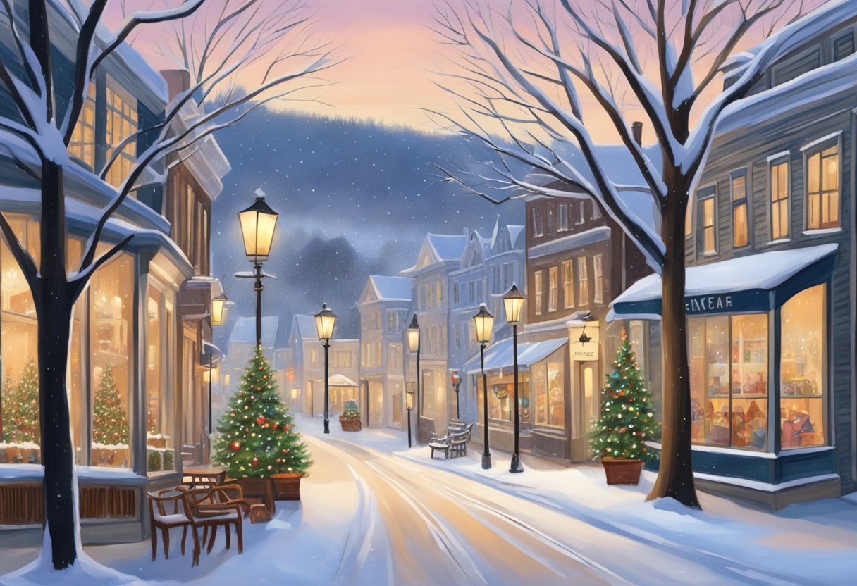 A snowy street lined with charming shops and cozy cafes, with twinkling holiday lights and snow-covered trees, creating a picturesque winter scene in Camden, Maine