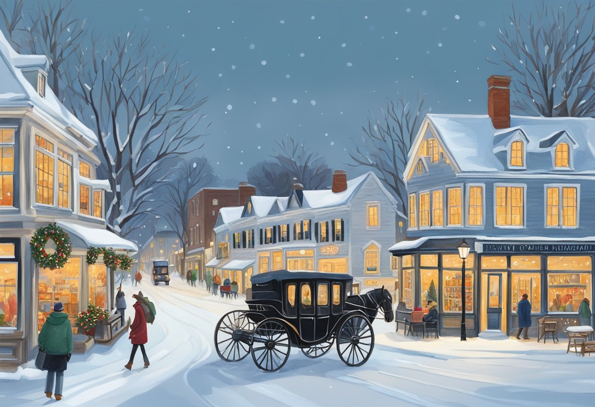 Snow-covered streets and cozy storefronts line the charming town of Kennebunkport. A horse-drawn carriage passes by, adding to the picturesque winter scene