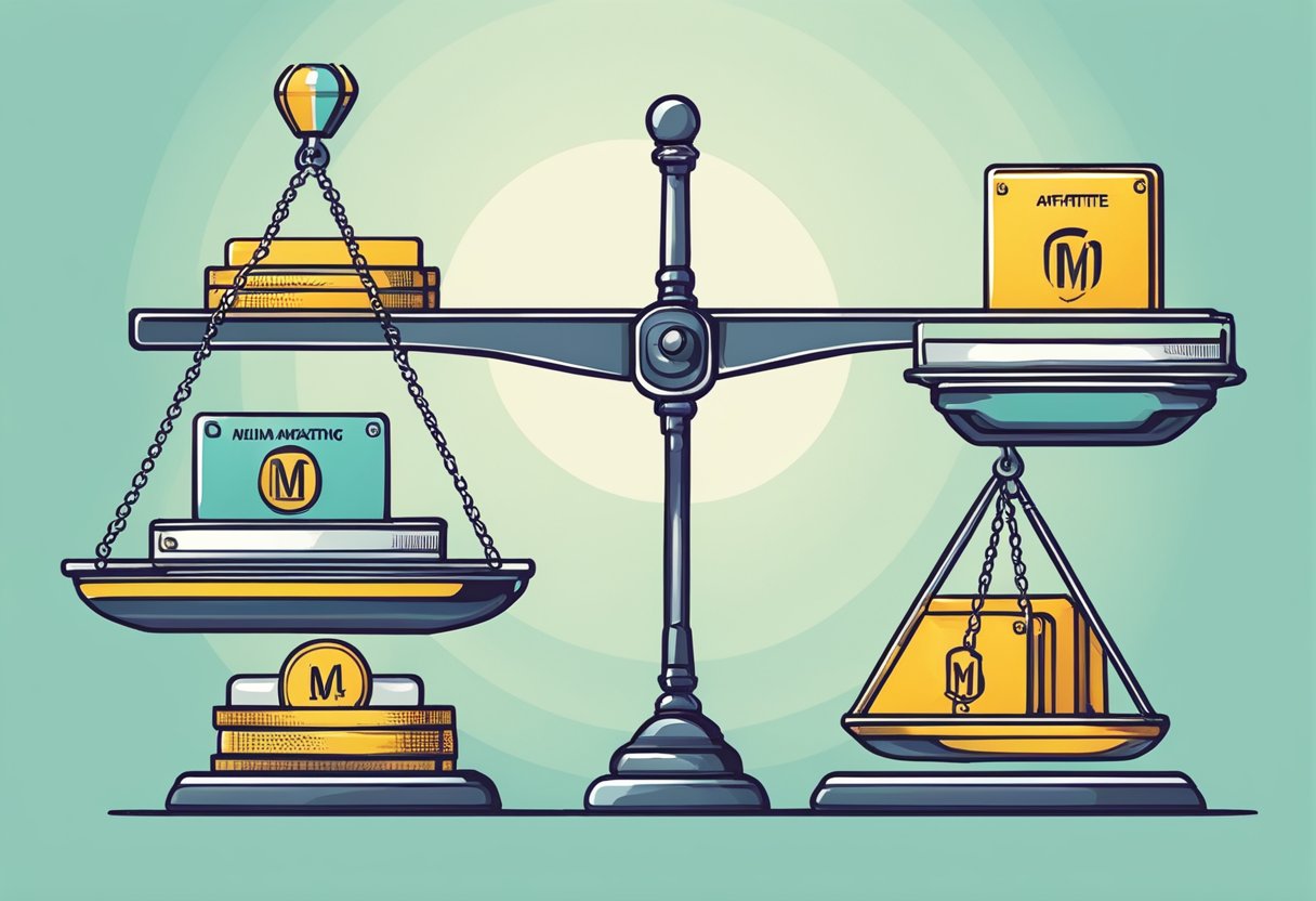 A scale with two sides, one labeled "Affiliate Marketing" and the other "MLM," with various objects representing growth and expansion on each side