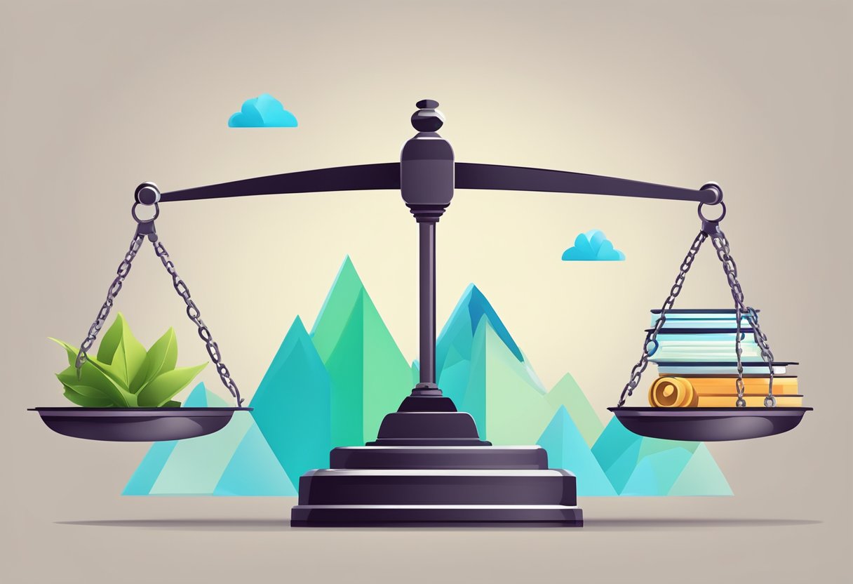 A scale balanced between ethical and legal weights, with affiliate marketing on one side and MLM on the other, surrounded by symbols representing each concept