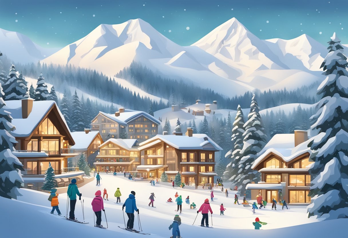 A snowy mountain landscape with ski slopes, chairlifts, and cozy resort buildings nestled among pine trees. Families are seen skiing and snowboarding down the slopes, with children building snowmen and parents enjoying hot cocoa by a fire