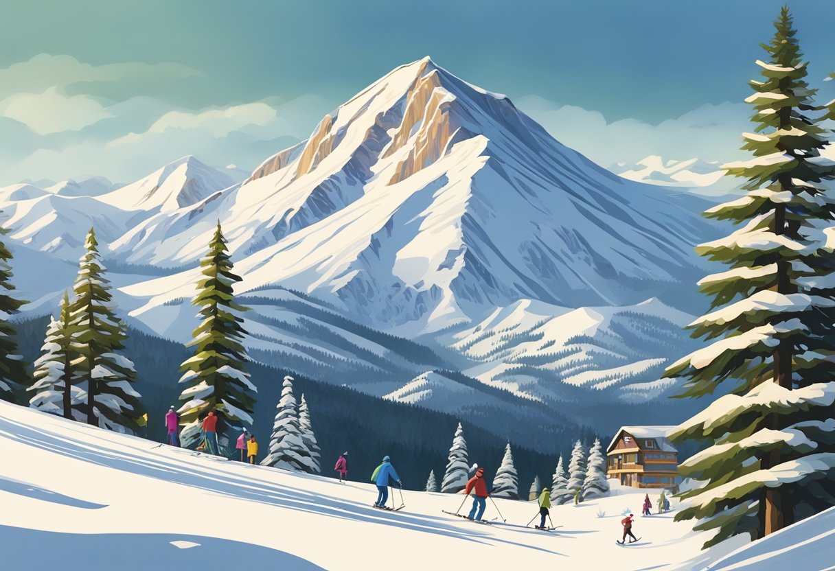 A snowy mountain peak with ski trails winding down, surrounded by pine trees and families enjoying the slopes