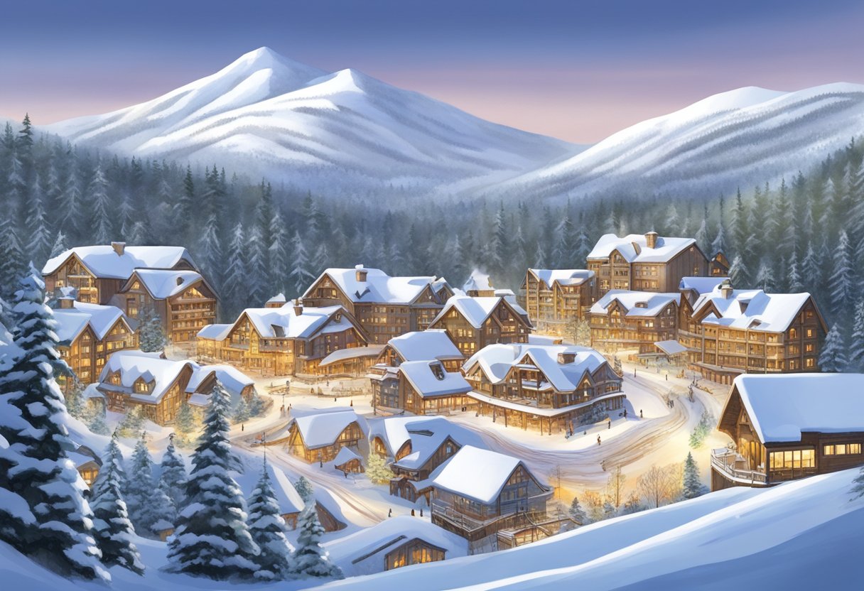 A snowy mountain landscape with ski slopes, chairlifts, and cozy lodges nestled in the trees at Sunday River, one of Maine's top family-friendly ski resorts