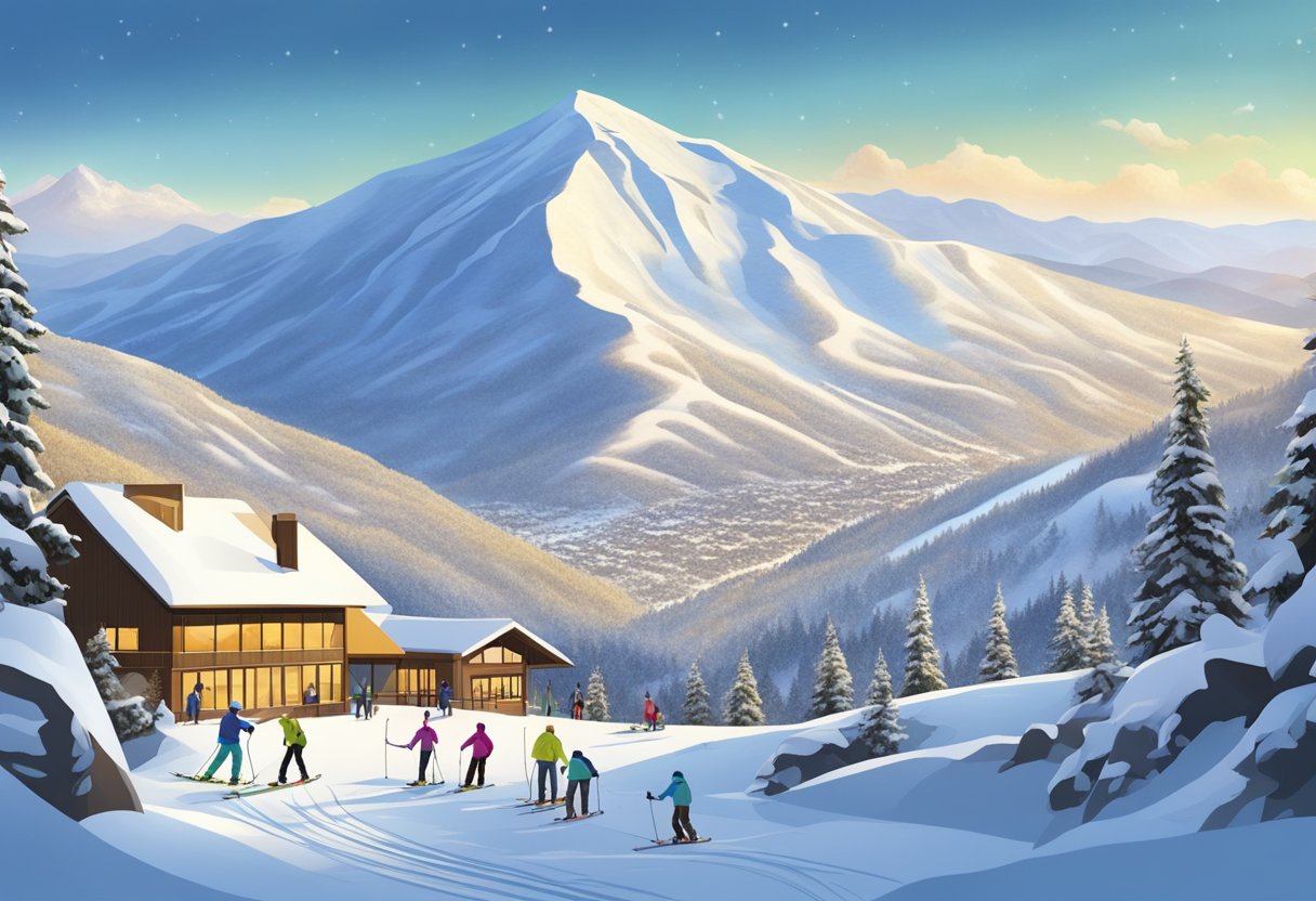 Snow-covered Saddleback Mountain Top with ski resorts and family enjoying a winter vacation