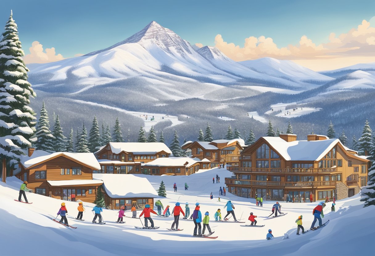 Snow-covered Shawnee Peak with families skiing, snowboarding, and tubing. Cozy lodge and chairlifts in the background. Mountain views and pine trees