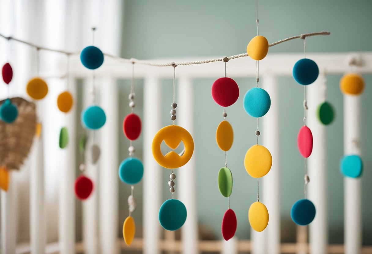 A colorful mobile hangs above a crib, with dangling shapes and patterns to stimulate a baby's visual development. A soft, crinkly book lies nearby for tactile exploration