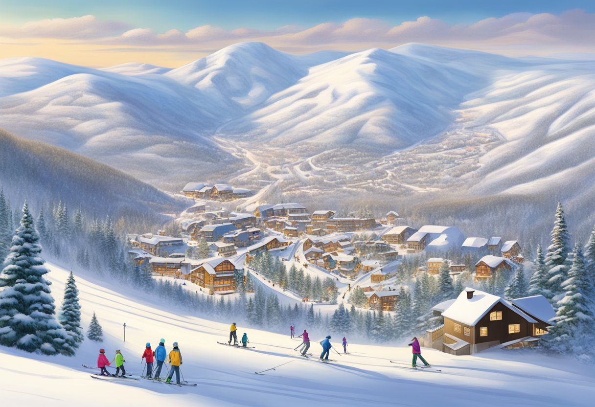 Snow-covered slopes surround Mt. Abram Ski Resort, with families enjoying skiing and snowboarding. Ski lifts and cozy lodges dot the landscape