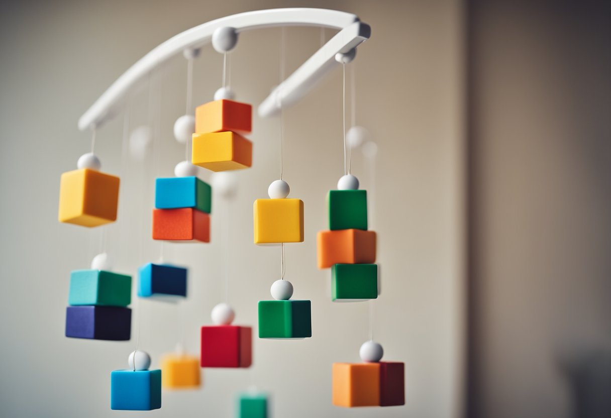 A colorful mobile hangs above a crib, with different shapes and textures to stimulate a baby's senses. A stack of soft building blocks sits nearby, ready for little hands to grasp and explore