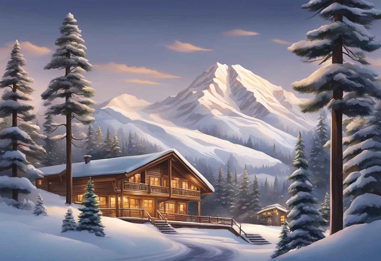 A snowy mountain with ski trails winding down, surrounded by pine trees and a cozy lodge at the base